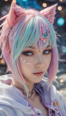 1girl,solo,looking at viewer,short hair,bangs,blue eyes,hair ornament,animal ears,jewelry,closed mouth,green eyes,jacket,upper body,pink hair,white hair,multicolored hair,earrings,cat ears,hood,necklace,blurry,two-tone hair,aqua eyes,lips,looking to the side,eyelashes,aqua hair,hoodie,tattoo,makeup,depth of field,blurry background,facial mark,looking away,piercing,hood down,slit pupils,ear piercing,portrait,realistic,nose,miqo'te,neck tattoo,blue hair,streaked hair,grey eyes,white jacket