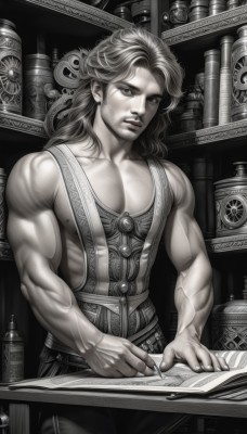 solo,long hair,looking at viewer,1boy,holding,closed mouth,standing,collarbone,monochrome,greyscale,male focus,cowboy shot,sleeveless,pants,indoors,signature,mole,book,muscular,facial hair,scar,table,pectorals,muscular male,beard,veins,open book,realistic,bookshelf,manly,biceps,library,inkwell,sitting,pen,scroll,quill