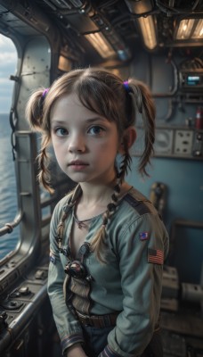 1girl,solo,breasts,looking at viewer,short hair,bangs,blue eyes,brown hair,shirt,hair ornament,long sleeves,twintails,brown eyes,jewelry,closed mouth,standing,upper body,braid,parted lips,day,belt,necklace,blurry,twin braids,flat chest,lips,military,depth of field,blurry background,blue shirt,short twintails,freckles,realistic,nose,hair tie,overalls,watercraft,strap,ship,american flag,union jack,japanese flag,uniform,military uniform,denim,science fiction,leather,badge,dirty,dirty face