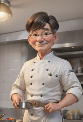 solo,looking at viewer,smile,short hair,brown hair,1boy,holding,brown eyes,closed mouth,standing,white shirt,upper body,grey hair,male focus,food,glasses,belt,indoors,grin,black eyes,apron,cup,buttons,facial hair,holding cup,black-framed eyewear,pocket,realistic,round eyewear,mustache,double-breasted,brown belt,lamp,breast pocket,old,old man,cooking,kitchen,frying pan,grey-framed eyewear,chef,black hair,teeth,thick eyebrows,badge,arm hair