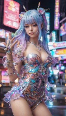 1girl,solo,long hair,breasts,looking at viewer,smile,bangs,blue eyes,large breasts,hair ornament,cleavage,jewelry,medium breasts,underwear,blue hair,standing,pink hair,multicolored hair,cowboy shot,hand up,necklace,hair bun,nail polish,blurry,bracelet,leotard,lips,fingernails,see-through,double bun,gradient hair,blurry background,armlet,blue nails,science fiction,realistic,cyberpunk,neon lights,skirt,panties,thighs,earrings,outdoors,artist name,headgear,ring,long fingernails