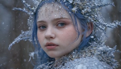 1girl,solo,long hair,looking at viewer,blue eyes,blue hair,outdoors,parted lips,teeth,blurry,tree,lips,eyelashes,blurry background,portrait,snow,forehead,snowing,realistic,nose,branch,winter,hair ornament,water,close-up,freckles