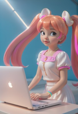 1girl,solo,long hair,breasts,smile,bangs,skirt,hair ornament,twintails,brown eyes,jewelry,pink hair,short sleeves,multicolored hair,earrings,small breasts,parted lips,puffy sleeves,artist name,indoors,necklace,orange hair,bracelet,puffy short sleeves,lips,makeup,white skirt,computer,laptop,brown hair,dress,dark skin,dark-skinned female,realistic,nose