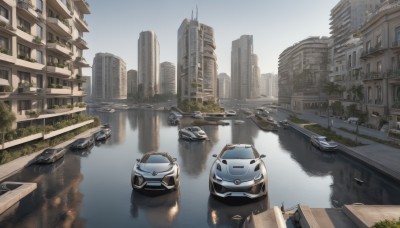 outdoors,sky,day,water,tree,no humans,ground vehicle,building,scenery,motor vehicle,reflection,city,car,road,ruins,bridge,vehicle focus,river,skyscraper,puddle,truck,overgrown,real world location,tire,post-apocalypse,cityscape,street,reflective water