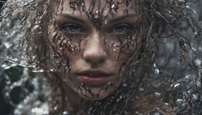 1girl,solo,looking at viewer,short hair,parted lips,water,blurry,lips,grey eyes,portrait,close-up,realistic,black hair,eyelashes,depth of field,freckles