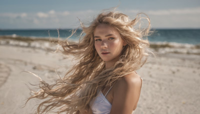 1girl, solo, long hair, looking at viewer, blue eyes, blonde hair, dress, upper body, outdoors, parted lips, sky, day, white dress, blurry, lips, floating hair, depth of field, blurry background, ocean, beach, wind, freckles, realistic