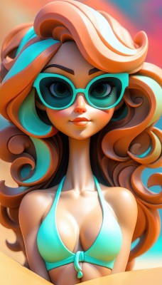 1girl,solo,long hair,breasts,looking at viewer,smile,brown hair,cleavage,bare shoulders,medium breasts,closed mouth,green eyes,blue hair,collarbone,swimsuit,upper body,bikini,multicolored hair,small breasts,orange hair,two-tone hair,lips,eyelashes,makeup,halterneck,sunglasses,lipstick,bikini top only,blue bikini,curly hair,tinted eyewear,aqua bikini,blue-tinted eyewear,blue eyes,wavy hair,beach,nose