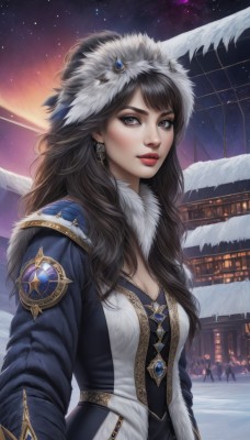 1girl,solo,long hair,breasts,looking at viewer,smile,bangs,brown hair,black hair,hair ornament,long sleeves,dress,cleavage,brown eyes,jewelry,medium breasts,upper body,earrings,outdoors,parted lips,sky,signature,black eyes,lips,fur trim,eyelashes,makeup,night,watermark,feathers,lipstick,building,gem,star (sky),night sky,snow,starry sky,snowing,nose,red lips,winter,hat,closed mouth,solo focus,artist name,swept bangs,fur collar,realistic