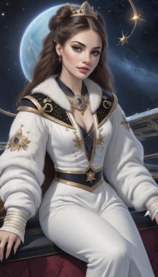 1girl,solo,long hair,breasts,looking at viewer,brown hair,long sleeves,dress,cleavage,brown eyes,jewelry,medium breasts,sitting,earrings,sky,puffy sleeves,necklace,hair bun,star (symbol),white dress,lips,fur trim,makeup,night,watermark,moon,tiara,crown,gem,star (sky),night sky,full moon,eyeshadow,starry sky,gold trim,realistic,nose,red lips,space,planet,parted lips,belt,fingernails,wavy hair