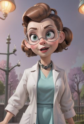 1girl,solo,breasts,looking at viewer,smile,short hair,open mouth,brown hair,dress,green eyes,outdoors,glasses,teeth,choker,collar,tree,lips,coat,makeup,night,blue dress,lipstick,curly hair,round eyewear,labcoat,red lips,lamppost,blush,medium breasts,jacket,upper body,artist name,blurry,blurry background,freckles,aqua dress