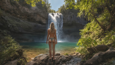 1girl, solo, long hair, blonde hair, brown hair, standing, swimsuit, ass, bikini, outdoors, sky, barefoot, day, water, from behind, dark-skinned female, tree, back, topless, nature, scenery, rock, waterfall