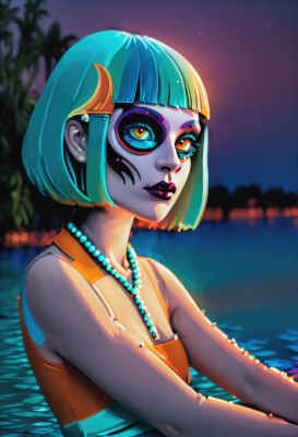 1girl,solo,breasts,short hair,bangs,hair ornament,jewelry,blue hair,yellow eyes,upper body,multicolored hair,earrings,outdoors,green hair,sky,sleeveless,hairclip,blunt bangs,water,necklace,mole,blurry,lips,orange eyes,aqua hair,tattoo,makeup,night,blurry background,colored skin,bob cut,lipstick,crescent,eyeshadow,partially submerged,nose,crescent hair ornament,purple lips,mascara,black lips,dress,facial mark,star (sky),night sky,colored sclera,facepaint