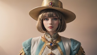 1girl,solo,looking at viewer,short hair,bangs,brown hair,hair ornament,hat,brown eyes,jewelry,closed mouth,upper body,blunt bangs,necklace,lips,looking to the side,grey eyes,makeup,bob cut,lipstick,brooch,gem,portrait,brown background,realistic,nose,brown headwear,red lips,simple background