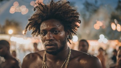 solo,looking at viewer,brown hair,1boy,brown eyes,jewelry,collarbone,upper body,male focus,earrings,outdoors,multiple boys,solo focus,dark skin,necklace,blurry,black eyes,dark-skinned female,lips,depth of field,blurry background,facial hair,facial mark,piercing,dark-skinned male,portrait,beard,crowd,very dark skin,dreadlocks,afro,black hair,closed mouth,looking to the side,realistic