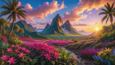 flower, outdoors, sky, cloud, tree, no humans, sunlight, cloudy sky, nature, scenery, pink flower, sunset, mountain, palm tree, sun, landscape, mountainous horizon