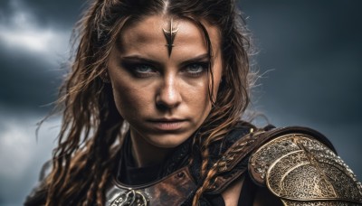 1girl,solo,long hair,looking at viewer,blue eyes,blonde hair,brown hair,jewelry,closed mouth,upper body,braid,artist name,armor,blurry,lips,grey eyes,blurry background,shoulder armor,messy hair,portrait,freckles,pauldrons,realistic,chainmail,earrings,sky,cloud,serious