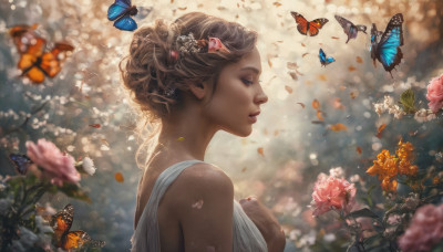 1girl, solo, brown hair, hair ornament, dress, bare shoulders, upper body, flower, blurry, from side, lips, petals, profile, depth of field, rose, animal, bug, butterfly, pink flower, realistic, nose