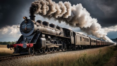 1girl,1boy,outdoors,multiple boys,sky,day,cloud,uniform,tree,military,military uniform,cloudy sky,grass,ground vehicle,scenery,motor vehicle,smoke,military vehicle,tank,vehicle focus,train,caterpillar tracks,railroad tracks,hat,weapon,2boys,gun,helmet,cannon,machine gun