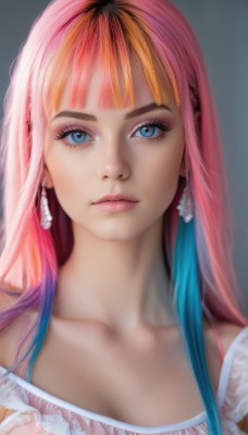 1girl,solo,long hair,breasts,looking at viewer,bangs,blue eyes,simple background,dress,cleavage,bare shoulders,jewelry,closed mouth,blue hair,collarbone,upper body,pink hair,multicolored hair,earrings,blunt bangs,grey background,orange hair,two-tone hair,lips,eyelashes,gradient hair,makeup,portrait,eyeshadow,realistic,nose,eyeliner,mascara,blonde hair,artist name,blurry,see-through,expressionless