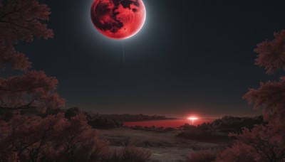 outdoors,sky,cloud,tree,no humans,night,moon,grass,star (sky),nature,night sky,scenery,full moon,forest,starry sky,sunset,sun,red theme,red moon,red sky,horizon,dark,landscape