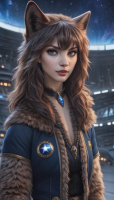 1girl,solo,long hair,breasts,looking at viewer,bangs,blue eyes,brown hair,animal ears,brown eyes,jewelry,jacket,upper body,outdoors,open clothes,sky,choker,belt,artist name,necklace,blurry,open jacket,lips,coat,fur trim,fox ears,makeup,night,blurry background,gem,star (sky),night sky,pendant,starry sky,nose,red lips,fur-trimmed jacket,closed mouth,short sleeves,eyelashes,wolf ears,fur collar,architecture,east asian architecture,fur