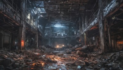 indoors,no humans,window,building,scenery,science fiction,light,dark,ruins,rubble,light rays