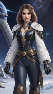 1girl,solo,long hair,breasts,looking at viewer,brown hair,gloves,cleavage,brown eyes,jewelry,medium breasts,standing,weapon,boots,sky,black gloves,belt,pants,sword,lips,fur trim,bodysuit,makeup,moon,lipstick,star (sky),starry sky,mountain,nose,space,leather,planet,earth (planet),long sleeves,medium hair,necklace,watermark,black pants,claws,realistic,black bodysuit