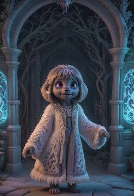 1girl,solo,smile,short hair,bangs,red eyes,long sleeves,jewelry,standing,full body,white hair,earrings,barefoot,indoors,wide sleeves,necklace,tree,coat,fur trim,glowing,colored skin,plant,child,claws,furry,androgynous,1other,pendant,robe,fantasy,furry female,pillar,arch,column,looking at viewer,brown hair,animal ears,facepaint