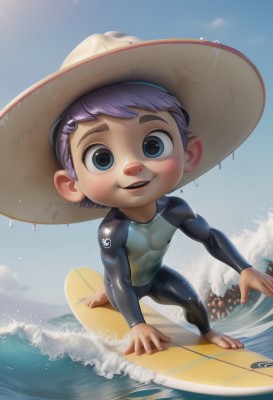 solo,looking at viewer,smile,short hair,open mouth,blue eyes,hair ornament,1boy,hat,full body,purple hair,male focus,outdoors,sky,barefoot,teeth,day,artist name,cloud,water,blue sky,wet,bodysuit,ocean,thick eyebrows,child,skin tight,male child,waves,surfboard,wetsuit,blush,goggles,male swimwear