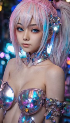 1girl,solo,long hair,breasts,looking at viewer,bangs,blue eyes,hair ornament,cleavage,bare shoulders,jewelry,medium breasts,closed mouth,collarbone,upper body,ponytail,pink hair,sidelocks,multicolored hair,small breasts,choker,armor,blurry,lips,eyelashes,depth of field,blurry background,gem,armlet,realistic,nose,bikini armor,bokeh,mascara,hair between eyes,braid,shiny,artist name,makeup,detached collar,watermark,expressionless,revealing clothes,lens flare,eyeshadow,pink lips