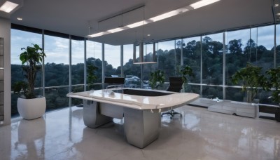 outdoors,sky,day,cloud,indoors,tree,cup,blue sky,no humans,window,shadow,chair,table,sunlight,cloudy sky,plant,scenery,reflection,mirror,tiles,potted plant,bush,sink,reflective floor,water,mountain,tile floor,faucet