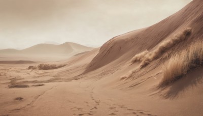 monochrome,outdoors,sky,no humans,grass,nature,scenery,mountain,sand,road,field,sepia,landscape,mountainous horizon,brown theme,desert,day,beach,shore