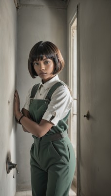 1girl,solo,looking at viewer,smile,short hair,bangs,brown hair,shirt,black hair,brown eyes,jewelry,closed mouth,standing,white shirt,short sleeves,cowboy shot,collared shirt,belt,pants,indoors,dark skin,blunt bangs,black eyes,bracelet,dark-skinned female,lips,bob cut,bug,realistic,door,overalls,window,nose,green pants,hallway