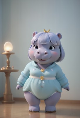 1girl,solo,looking at viewer,blush,smile,short hair,open mouth,bangs,blue eyes,long sleeves,dress,animal ears,standing,full body,white hair,male focus,indoors,blurry,blurry background,blue dress,child,furry,furry female,female child,lamp,fat,buck teeth,teeth,blush stickers,crown,candle