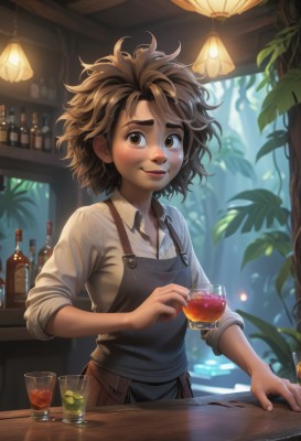 1girl,solo,looking at viewer,blush,smile,short hair,brown hair,shirt,holding,brown eyes,white shirt,collared shirt,indoors,dark skin,blurry,apron,dark-skinned female,tree,cup,lips,fingernails,blurry background,leaf,table,thick eyebrows,bottle,plant,messy hair,alcohol,sleeves rolled up,drinking glass,freckles,nose,glass,light,wine glass,bar (place),counter,brown apron,upper body,watermark