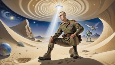 1boy,male focus,boots,multiple boys,wings,sky,belt,signature,2boys,uniform,dated,military,military uniform,moon,helmet,star (sky),science fiction,mountain,realistic,space,bald,planet,alien,earth (planet),spacecraft,soldier,spacesuit,desert,dust,astronaut,1girl,weapon,flying,sand,battle,fairy,american flag,medal,soviet