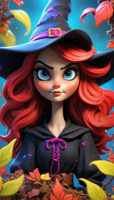 1girl,solo,long hair,looking at viewer,blush,bangs,blue eyes,long sleeves,hat,dress,ribbon,closed mouth,collarbone,upper body,flower,red hair,puffy sleeves,belt,artist name,blurry,black dress,lips,eyelashes,black headwear,makeup,witch hat,leaf,blue background,wavy hair,thick eyebrows,plant,buckle,freckles,pink ribbon,curly hair,belt buckle,nose,purple ribbon,witch,brown belt,autumn leaves,petals,watermark,web address