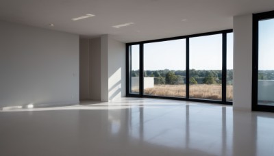 outdoors,sky,day,indoors,tree,blue sky,no humans,window,shadow,sunlight,building,scenery,reflection,door,road,hallway,reflective floor,cloud,water,mountain,school,lake,ceiling light