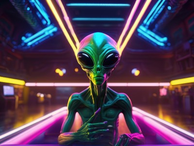 1girl,solo,looking at viewer,upper body,male focus,indoors,blurry,bodysuit,mask,blurry background,colored skin,facing viewer,1other,science fiction,alien,cyberpunk,neon lights,1boy,helmet