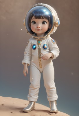 1girl,solo,looking at viewer,smile,short hair,bangs,brown hair,black hair,brown eyes,closed mouth,standing,full body,lips,loli,cameltoe,helmet,child,realistic,spacesuit,space helmet,astronaut,boots,space