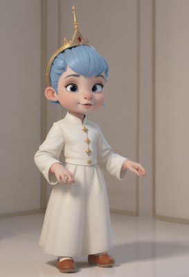 1girl,solo,looking at viewer,smile,short hair,blue eyes,skirt,long sleeves,blue hair,standing,full body,white shirt,parted lips,shoes,indoors,mole,black eyes,mole under eye,brown footwear,white skirt,crown,child,freckles,female child,1boy,dress,male focus,artist name,robe