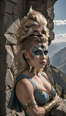 1girl,solo,long hair,breasts,looking at viewer,blue eyes,blonde hair,dress,cleavage,jewelry,medium breasts,closed mouth,collarbone,upper body,earrings,outdoors,sky,choker,day,cloud,blue sky,lips,grey eyes,makeup,muscular,facial mark,crossed arms,lipstick,armlet,dual persona,eyeshadow,nose,eyeliner,bracer,facepaint,hair pulled back,mascara,white hair,bracelet,mask,cloudy sky,forehead mark,facial tattoo,forehead jewel