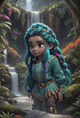 1girl,solo,long hair,smile,shirt,hair ornament,long sleeves,ribbon,brown eyes,very long hair,closed mouth,blue hair,standing,hair ribbon,braid,multicolored hair,boots,outdoors,green hair,belt,pants,dark skin,water,dark-skinned female,tree,lips,thick eyebrows,plant,child,nature,web address,wading,forest,nose,female child,brown pants,waterfall,jewelry,green eyes,flower,artist name,signature,twin braids,bracelet,fingernails,leaf,watermark,rock,stream