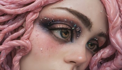 1girl,solo,looking at viewer,brown eyes,closed mouth,pink hair,lips,eyelashes,makeup,portrait,tentacles,close-up,eyeshadow,freckles,realistic,eye focus,blush,yellow eyes,tears