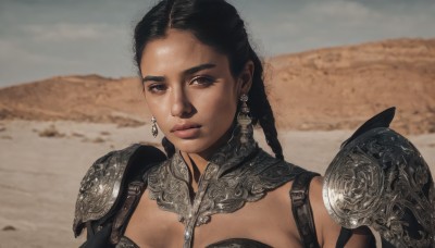 1girl,solo,long hair,breasts,looking at viewer,black hair,cleavage,brown eyes,jewelry,upper body,braid,earrings,outdoors,sky,dark skin,armor,blurry,black eyes,dark-skinned female,lips,blurry background,shoulder armor,portrait,pauldrons,realistic,desert,chainmail,twin braids