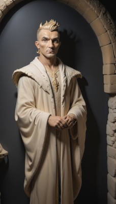 solo,looking at viewer,short hair,blue eyes,blonde hair,long sleeves,1boy,closed mouth,standing,male focus,multicolored hair,wide sleeves,two-tone hair,feet out of frame,shadow,facial hair,scar,own hands together,robe,realistic,old,white robe,wrinkled skin,jewelry,lips,ring