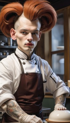 solo,looking at viewer,brown hair,shirt,gloves,1boy,holding,brown eyes,white shirt,upper body,male focus,parted lips,food,indoors,white gloves,orange hair,blurry,apron,lips,tattoo,blurry background,waist apron,plate,realistic,nose,arm tattoo,kitchen,chef,brown apron,long sleeves,closed mouth,standing,facial hair,mohawk,cracked skin