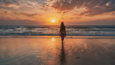 1girl, solo, long hair, skirt, brown hair, standing, outdoors, sky, cloud, water, bag, from behind, dutch angle, ocean, beach, cloudy sky, scenery, reflection, walking, sunset, sun, horizon, footprints