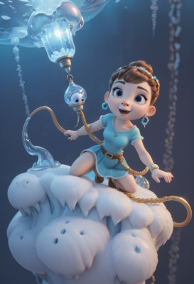 1girl,solo,breasts,smile,open mouth,brown hair,hair ornament,dress,brown eyes,jewelry,braid,short sleeves,:d,earrings,belt,water,bracelet,blue dress,single hair bun,gem,child,bubble,female child,riding,jellyfish,looking at viewer,full body,shoes,teeth,artist name,hair bun,brown footwear,web address,fish,monster,underwater,fantasy,brown belt,aqua dress