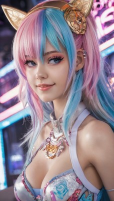 1girl,solo,long hair,breasts,looking at viewer,smile,bangs,blue eyes,hair ornament,animal ears,cleavage,bare shoulders,jewelry,medium breasts,closed mouth,blue hair,upper body,pink hair,multicolored hair,hairband,earrings,cat ears,necklace,bra,blurry,two-tone hair,lips,looking to the side,grey eyes,eyelashes,gradient hair,makeup,blurry background,fake animal ears,piercing,ear piercing,eyeshadow,realistic,nose,parted lips,artist name,virtual youtuber,lipstick,mascara